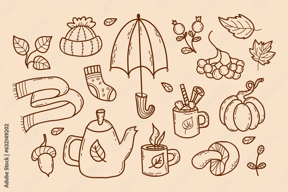 Cozy autumn doodles. Knitted hat and scarf, socks, umbrella, teapot with cups, forest mushroom, pumpkin, berries, acorn and autumn leaves. Vector illustration. Isolated outline hand drawing