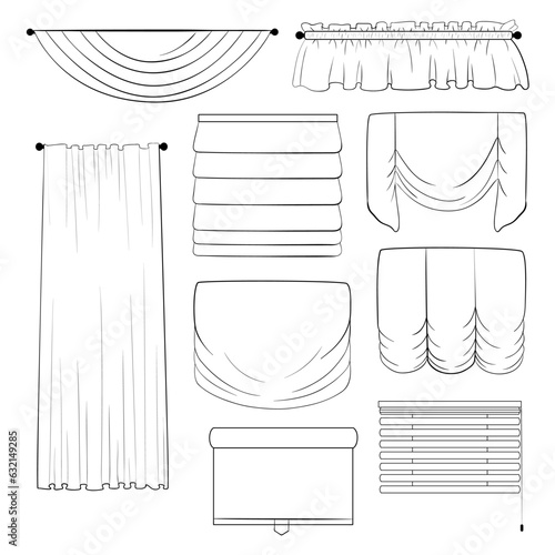 Different types of curtains. Set. Black and white image. Sketches.