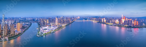 Aviation photography of the night view of the city architecture of Changsha City  China