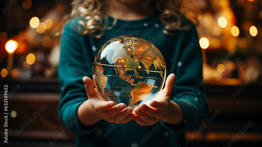 Generative AI, a hand holds a Christmas tree toy in the shape of a globe, new year, peace symbol, postcard, planet earth Generative AI, a hand holds a Christmas tree toy in the shape of a globe, new year, peace symbol, postcard, planet earth