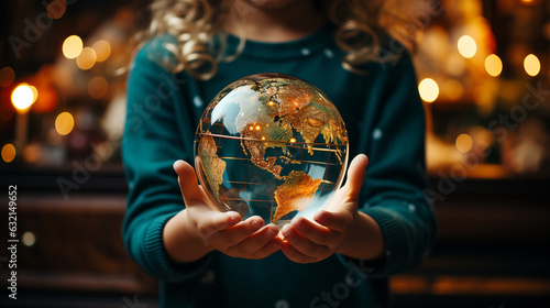 Fototapeta Naklejka Na Ścianę i Meble -  Generative AI, a hand holds a Christmas tree toy in the shape of a globe, new year, peace symbol, postcard, planet earth