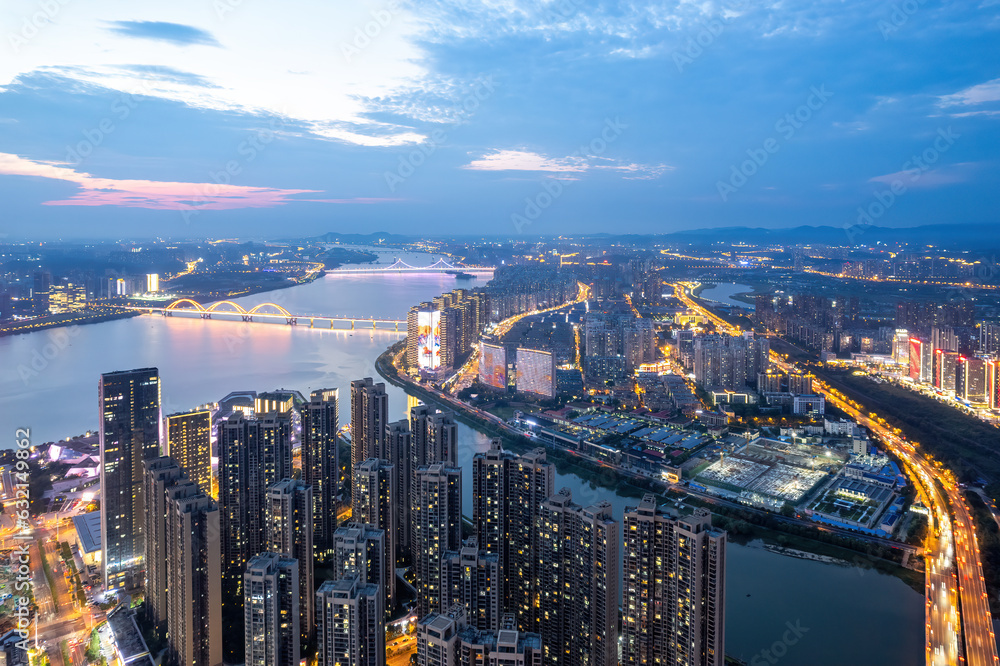 Aviation photography of the night view of the city architecture of Changsha City, China Aviation photography of the night view of the city architecture of Changsha City, China