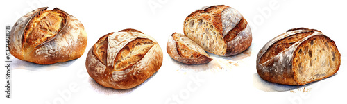 Set of Sourdough bread watercolor collection hand drawn illustration isolated transparent background, PNG.