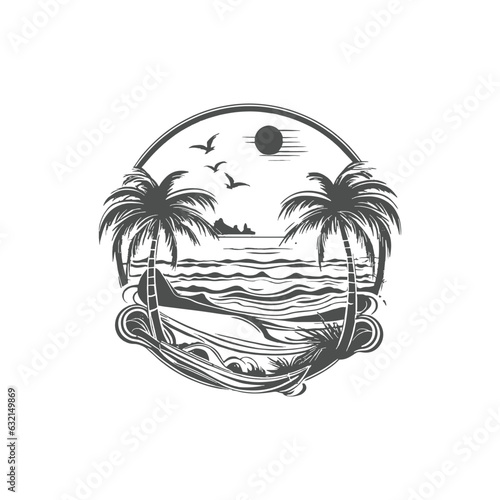 tropical island with palm tree beach logo design