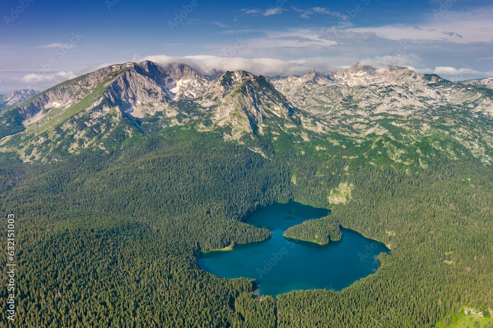 Aerial panorama of Black Lake in Montenegro