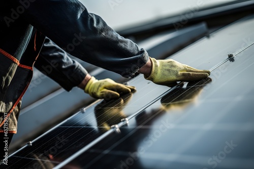 Employee of a solar panel installation company on the roof during the assembly of a photovoltaic system installation photo