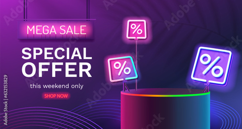 Mega sale special offer, Stage podium percent, Stage Podium Scene with for Percentage, Decor element background. Vector illustration