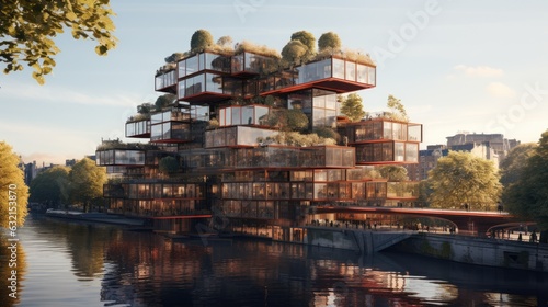 View of fashionable and modern building on the banks of the river with terraces and plants. Model of the future. AI generated art. photo