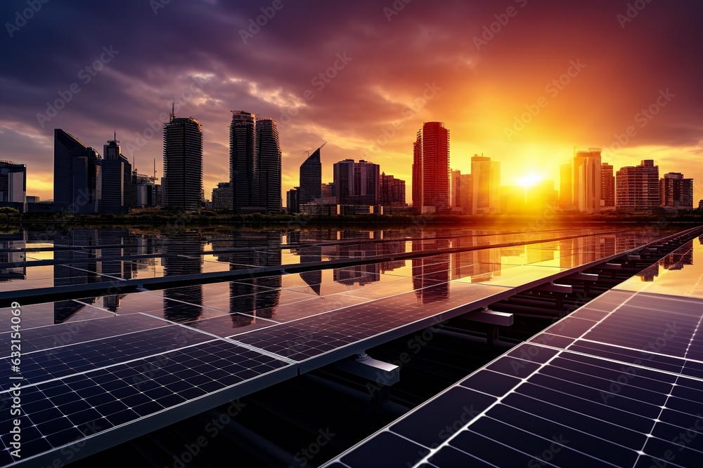 Photovoltaic solar panel farm powering the city during sunset