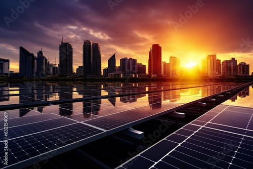 Photovoltaic solar panel farm powering the city during sunset