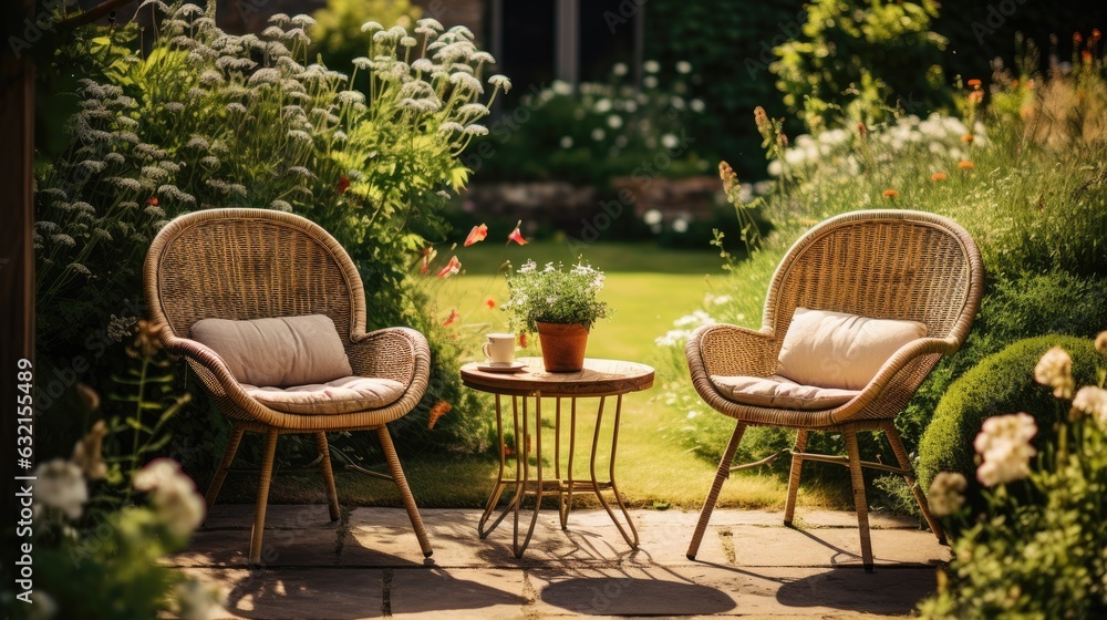 Wicker chairs and a metal table in an outdoor summer garden.