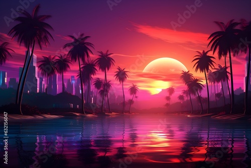 Retro Sunset Serenity: River and Palm Trees at Dusk