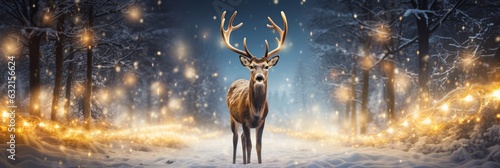 A festive deer sparkles with lights in a winter wonderland. Generative AI © ColdFire