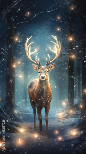 A festive deer sparkles with lights in a winter wonderland. Generative AI