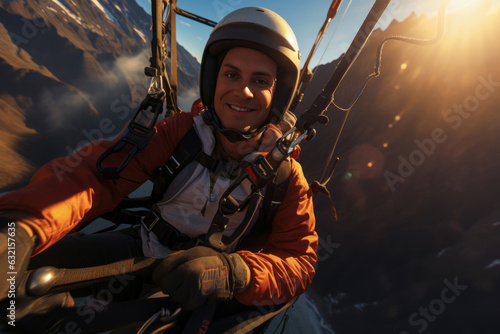 A close-up shot of a hang glider pilot's intense expression as they navigate the skies, showcasing the excitement and adventure of the sport. Generative Ai