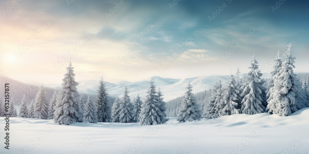 AI Generated. AI Generative. Merry christmas xmas new year winter holiday forest landscape. Decoration poster background adventure explore north