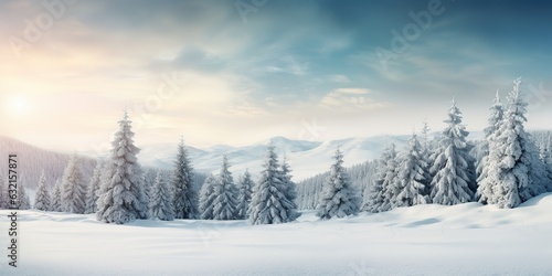 AI Generated. AI Generative. Merry christmas xmas new year winter holiday forest landscape. Decoration poster background adventure explore north