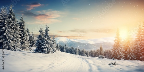 Wallpaper Mural AI Generated. AI Generative. Merry christmas xmas new year winter holiday forest landscape. Decoration poster background adventure explore north Torontodigital.ca