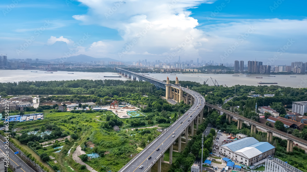 .Aerial photography of the famous Yangtze River Bridge skyline in Nanjing, China