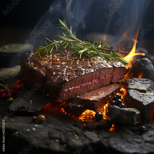Grilled rib eye beef steak herbs and spices