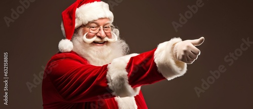 Santa Claus pointing at advertising banner with space for text. Generative AI