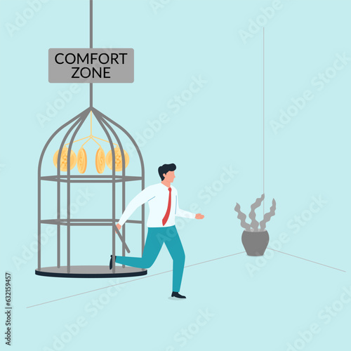 Man get out from money cage. Metaphor of escape from comfort zone.