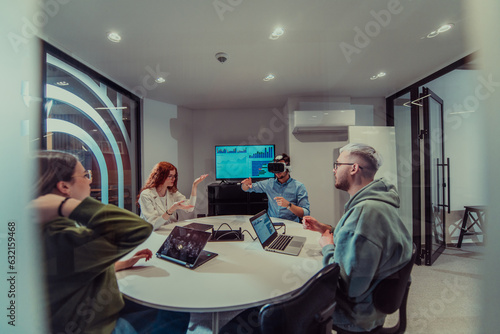 A diverse group of businessmen collaborates and tests a new virtual reality technology, wearing virtual glasses, showcasing innovation and creativity in their futuristic workspace
