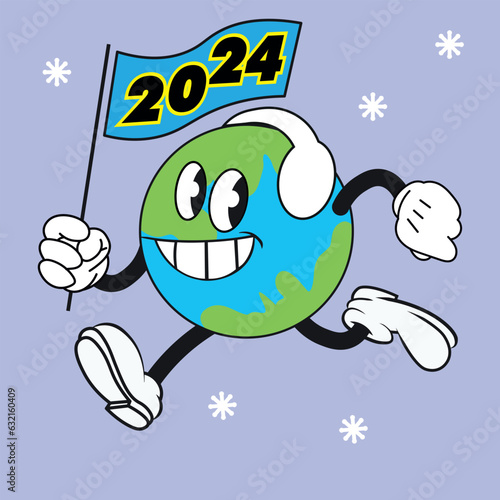 Vintage cartoon mascot of a planet earth running holding a flag with a numbers 2024. New year retro character template.
