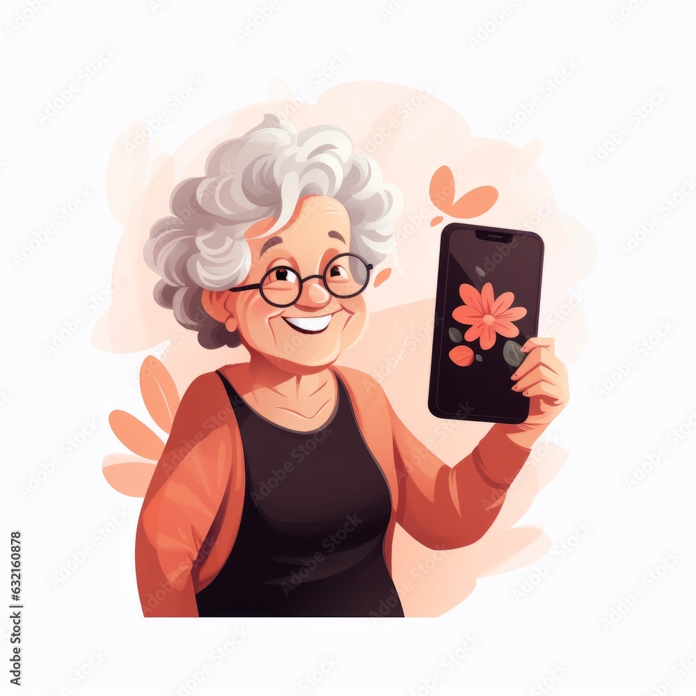 Smiling and modern grandmother holding smartphone. Beautiful illustration picture. Generative AI