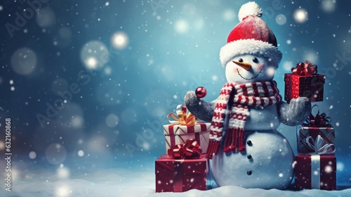 Christmas card with snowman and gifts. Generative AI © ColdFire