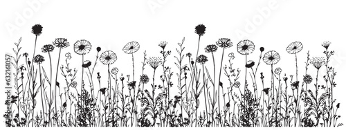 Meadow wildflowers border hand drawn sketch in doodle style illustration
