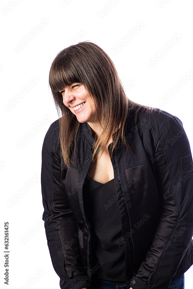 Happy woman in motocycle coat Happy woman in motocycle coat