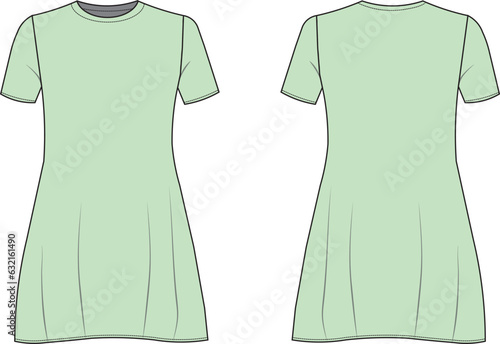 round neck crew neck short sleeve flared short tshirt dress pajama sleepwear  technical drawing flat sketch template
