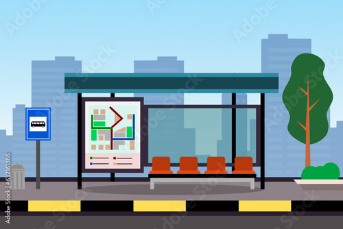 Bus stop with shelter on city street. Urban landscape with public transport station and buildings in background. Vector cartoon illustration.