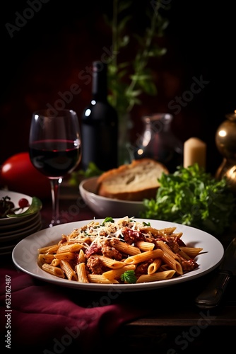 Spaghetti alla Puttanesca with tomatoes, capers, olives, and anchovies on a plate, glass of red wine, modern blue table background, top view, AI Generated