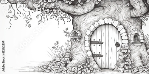 Wallpaper Mural AI Generated. AI Generative. Kids coloring book page with fantasy house home building in tree. Can be used for fun game play education adults or kids Torontodigital.ca