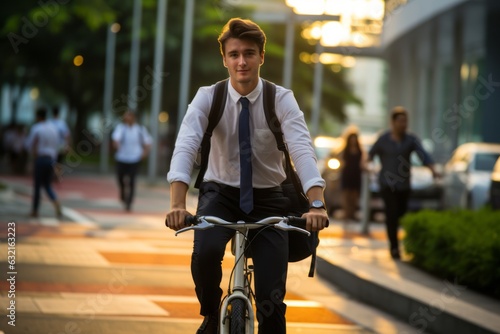 Young man cycling to work in the city. Beautiful illustration picture. Generative AI