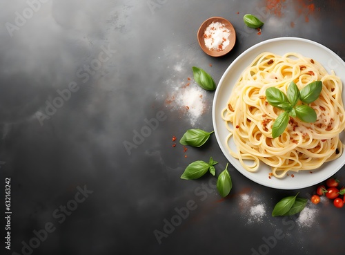 Carbonara pasta. Spaghetti with pancetta, egg, parmesan cheese and cream sauce. Traditional Italian cuisine. Top view, modern pink pastel background, AI Generated