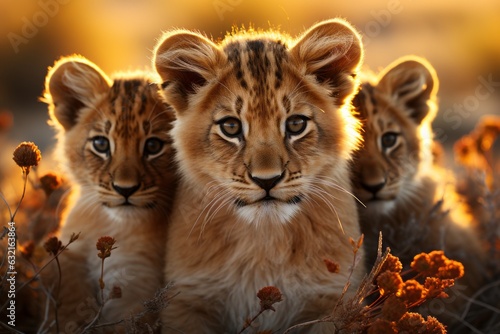Amazing coalition of young lions. Beautiful illustration picture. Generative AI