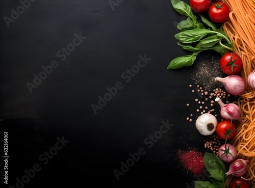 Fresh ingredients for cooking: pasta, basil, tomato and spices over dark stone, marble table background with copy space in the center, banner, modern, AI Generated