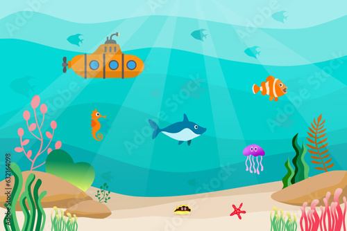 Under the sea background. Marine Life Landscape with submarine, fish, shark, starfish, jellyfish, seahorse, shell, and undersea plants. Cartoon vector illustration.