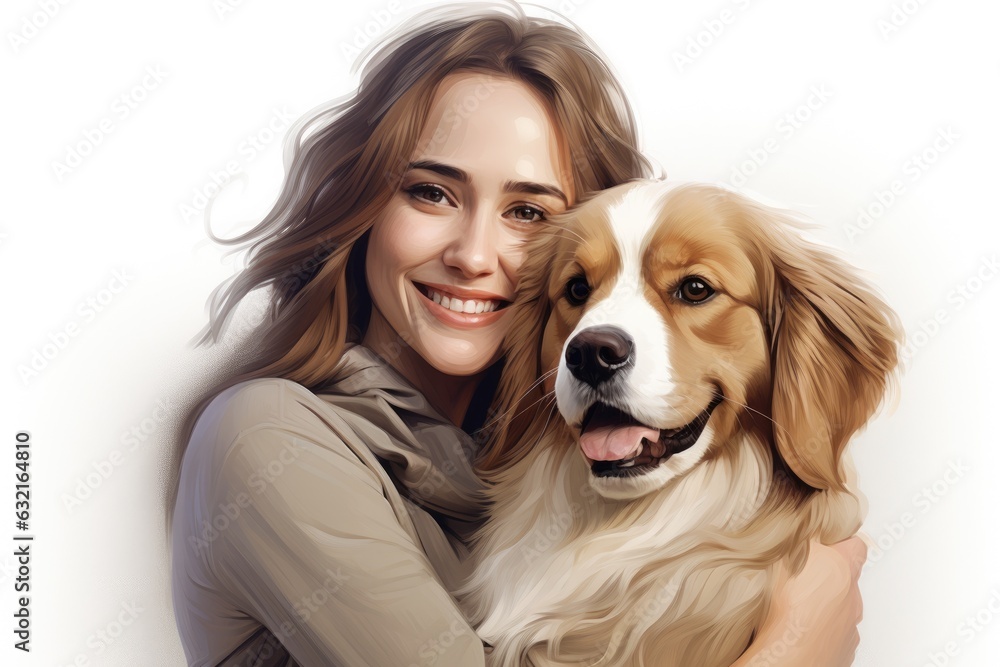 young adult woman holding her dog on white background , AI Generated young adult woman holding her dog on white background , AI Generated