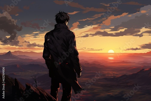 Background side view of anime guy that is looking at sunset. Beautiful illustration picture. Generative AI