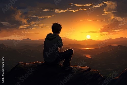 Background side view of anime guy that is looking at sunset. Beautiful illustration picture. Generative AI