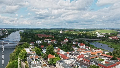 Aerial view revealing Elbe meadows Park and Millennium Tower (Jahrtausendturm) in Herrenkrug District, Magdeburg, Saxony-Anhalt, Germany