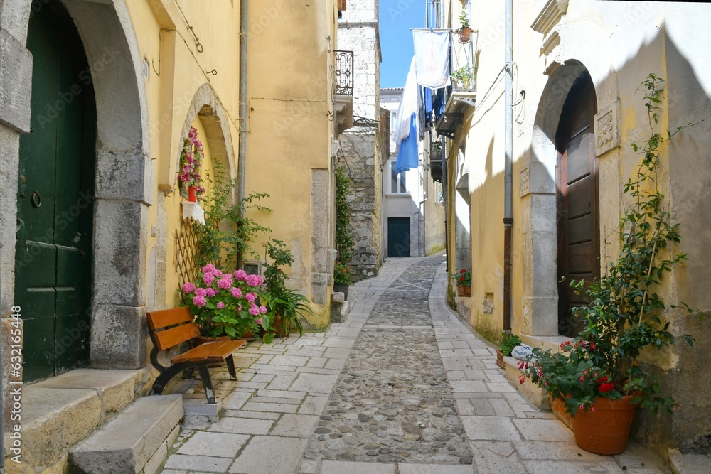 A characteristic street of Buccino, a medieval village in the province of Salerno, Italy.