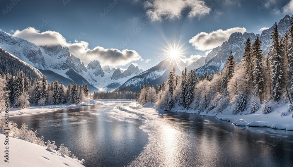 beautiful view of a winter landscape with white snow reflecting lake two trees on side and mountains in background at sunny day with clear sky, generative AI