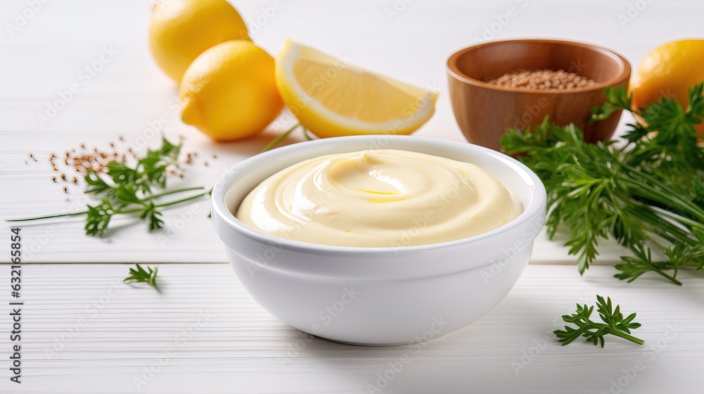 traditional mayonnaise sauce in a white ceramic bowl, accompanied by ingredients used for its preparation, all set against a white wooden background traditional mayonnaise sauce in a white ceramic bowl, accompanied by ingredients used for its preparation, all set against a white wooden background