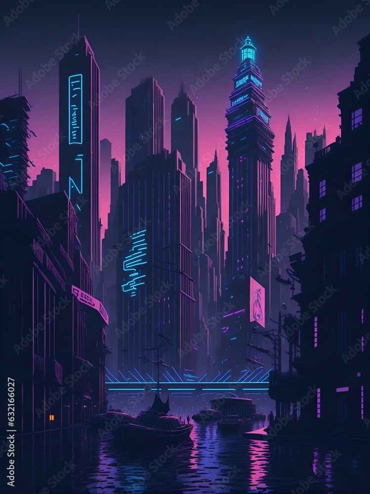Neon light city. AI generated illustration