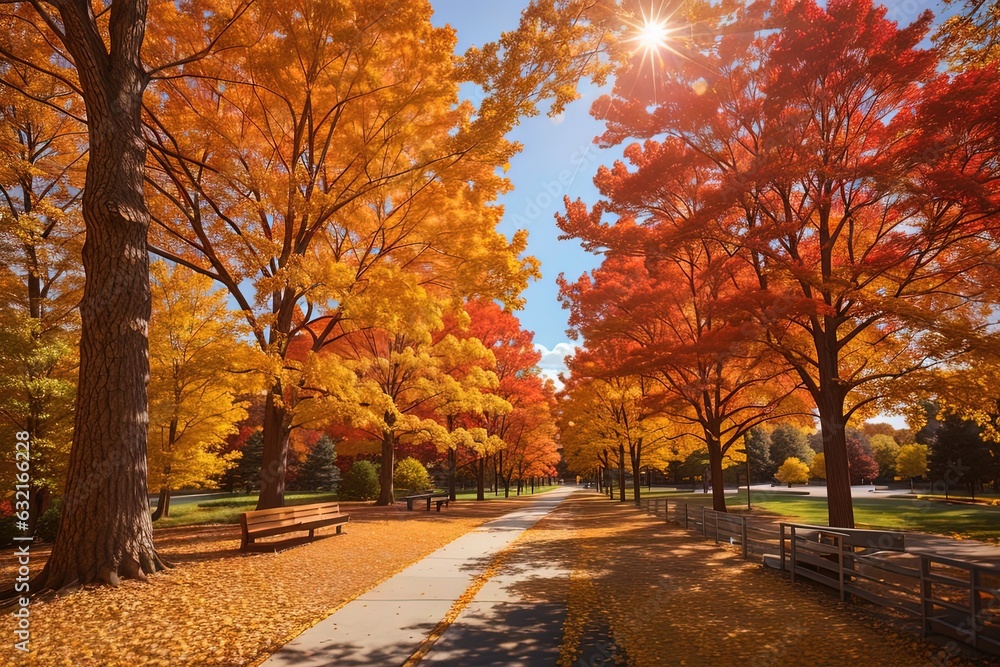 trees with orange leaves on them and a path in the middle